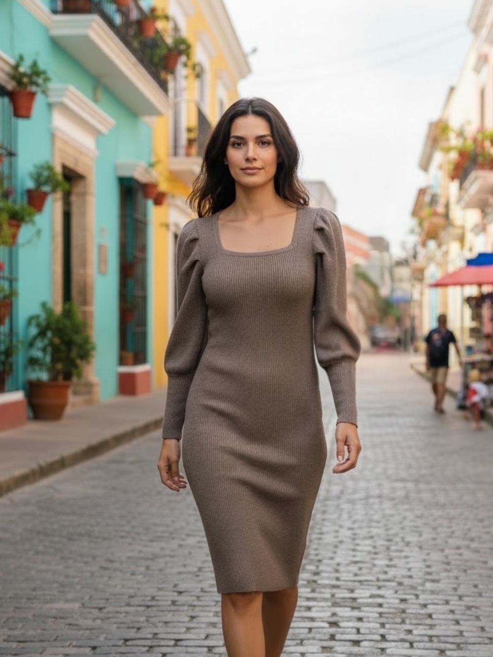 Ribbed shoulder pleat sweater dress m